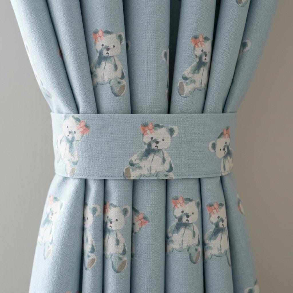 Light Blue Teddy Bear Linen Curtains with Pink Bows, Nursery & Kids Room Drapes, Custom Size, Optional Blackout Lining — image 5
