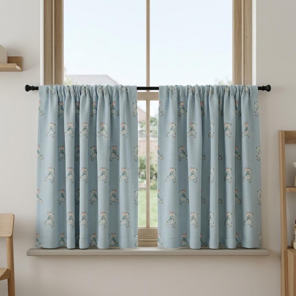 Light Blue Teddy Bear Linen Curtains with Pink Bows, Nursery & Kids Room Drapes, Custom Size, Optional Blackout Lining — image 7