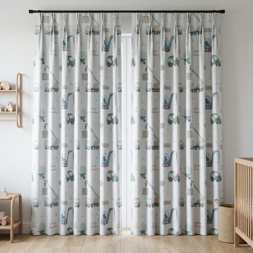 Blue & Sage Construction Truck Linen Curtains, Excavator Print, Kids Nursery Drapes, Custom Size, Optional Blackout Lining — image 4