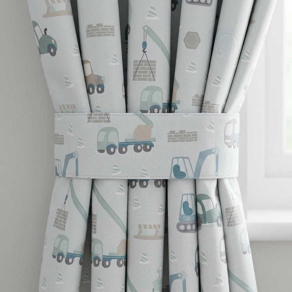 Blue & Sage Construction Truck Linen Curtains, Excavator Print, Kids Nursery Drapes, Custom Size, Optional Blackout Lining — image 2