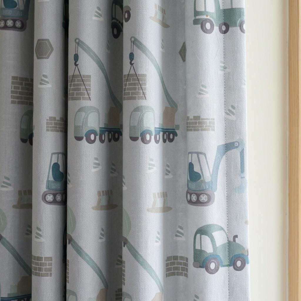 Blue & Sage Construction Truck Linen Curtains, Excavator Print, Kids Nursery Drapes, Custom Size, Optional Blackout Lining — image 5