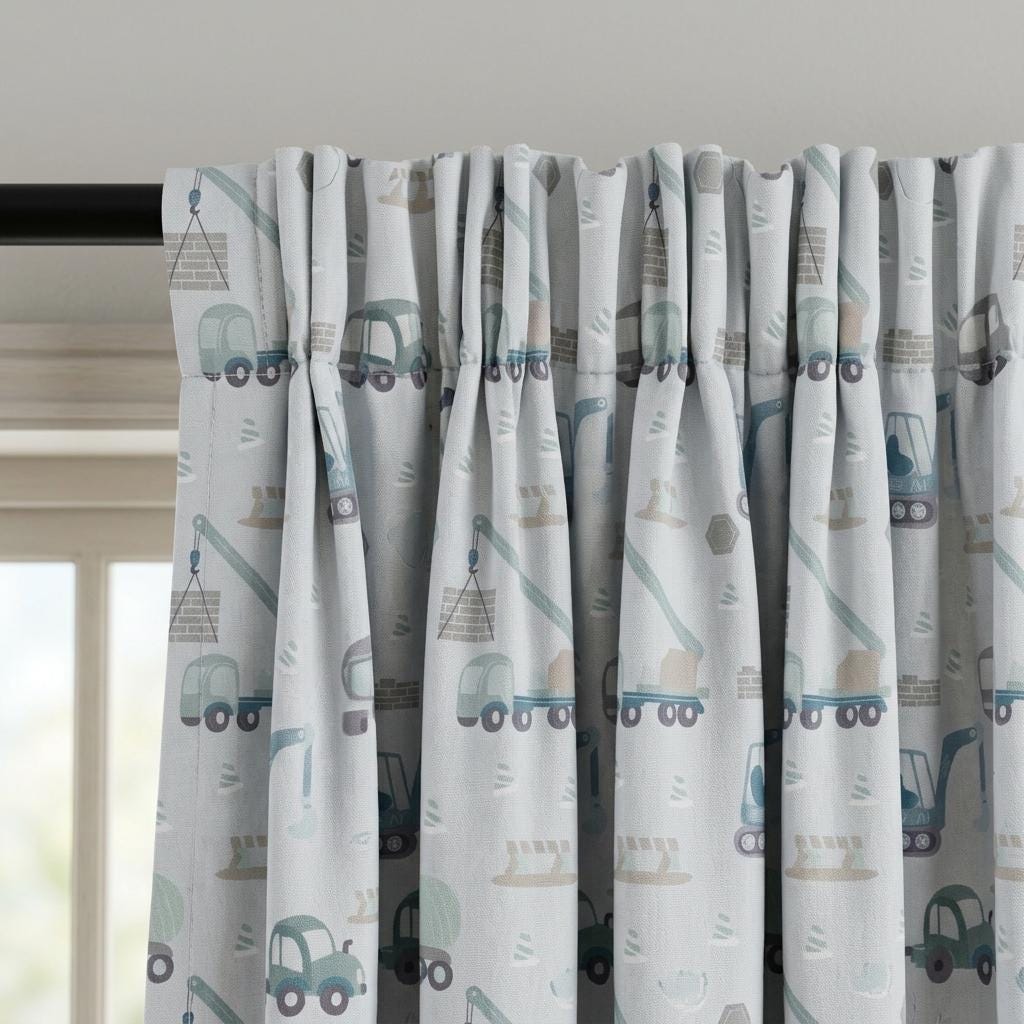 Blue & Sage Construction Truck Linen Curtains, Excavator Print, Kids Nursery Drapes, Custom Size, Optional Blackout Lining — image 3