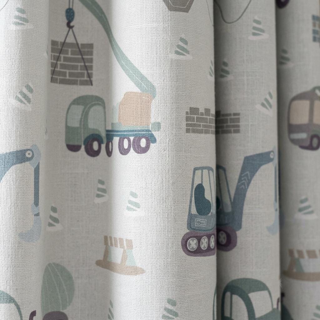 Blue & Sage Construction Truck Linen Curtains, Excavator Print, Kids Nursery Drapes, Custom Size, Optional Blackout Lining — image 1