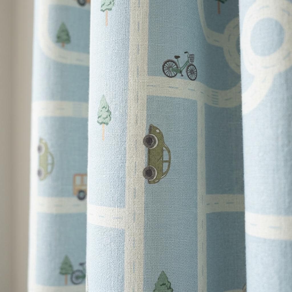 Light Blue Road Map Linen Curtains, Car & Bus Print, Kids Room Nursery Drapes, Custom Sizes, Optional Blackout Lining — image 1