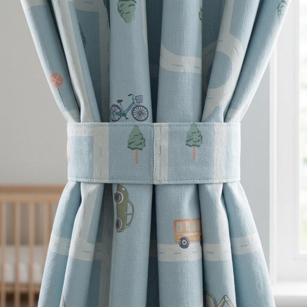 Light Blue Road Map Linen Curtains, Car & Bus Print, Kids Room Nursery Drapes, Custom Sizes, Optional Blackout Lining — image 1