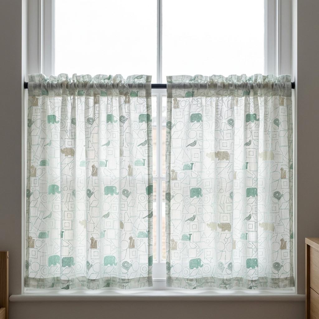 White Pure Linen Sheer Curtains, Sage Mint Animal Nursery Drapes, Geometric Print Embroidered Kids Room Panels — image 7
