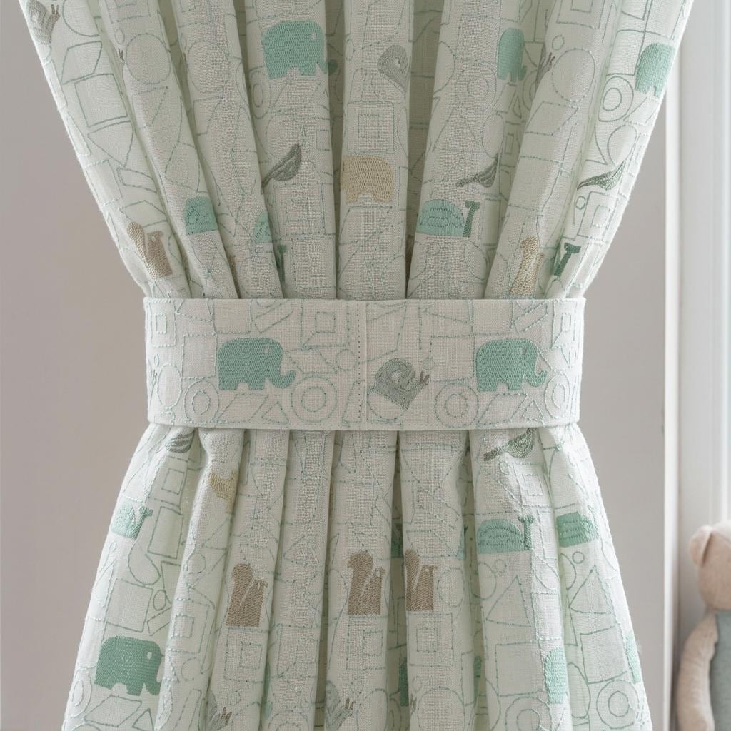 White Pure Linen Sheer Curtains, Sage Mint Animal Nursery Drapes, Geometric Print Embroidered Kids Room Panels — image 2