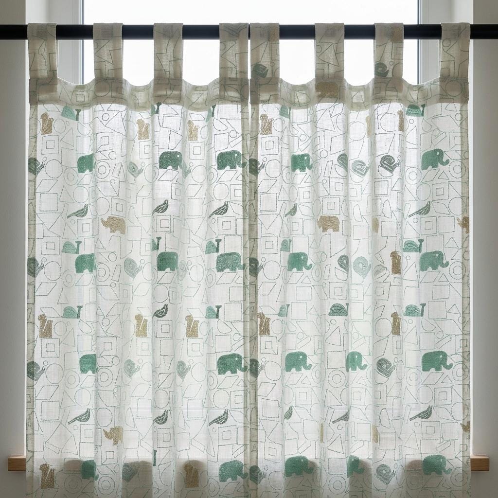 White Pure Linen Sheer Curtains, Sage Mint Animal Nursery Drapes, Geometric Print Embroidered Kids Room Panels — image 8