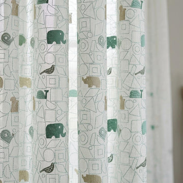 White Pure Linen Sheer Curtains, Sage Mint Animal Nursery Drapes, Geometric Print Embroidered Kids Room Panels — image 1