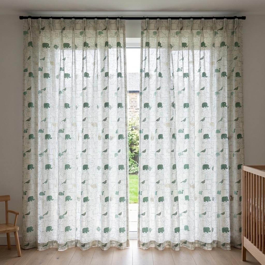 White Pure Linen Sheer Curtains, Sage Mint Animal Nursery Drapes, Geometric Print Embroidered Kids Room Panels — image 10