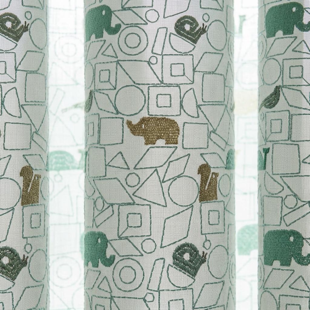 White Pure Linen Sheer Curtains, Sage Mint Animal Nursery Drapes, Geometric Print Embroidered Kids Room Panels — image 9