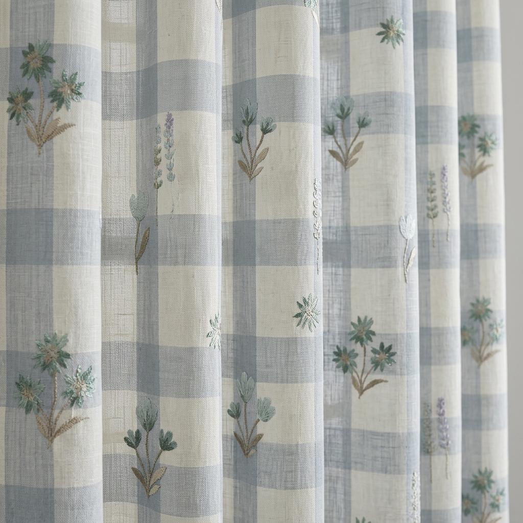 White Blue Gray Plaid Pure Linen Sheer Curtains, Teal Embroidered Wildflower Drapes, Custom Light Filtering Panels — image 1