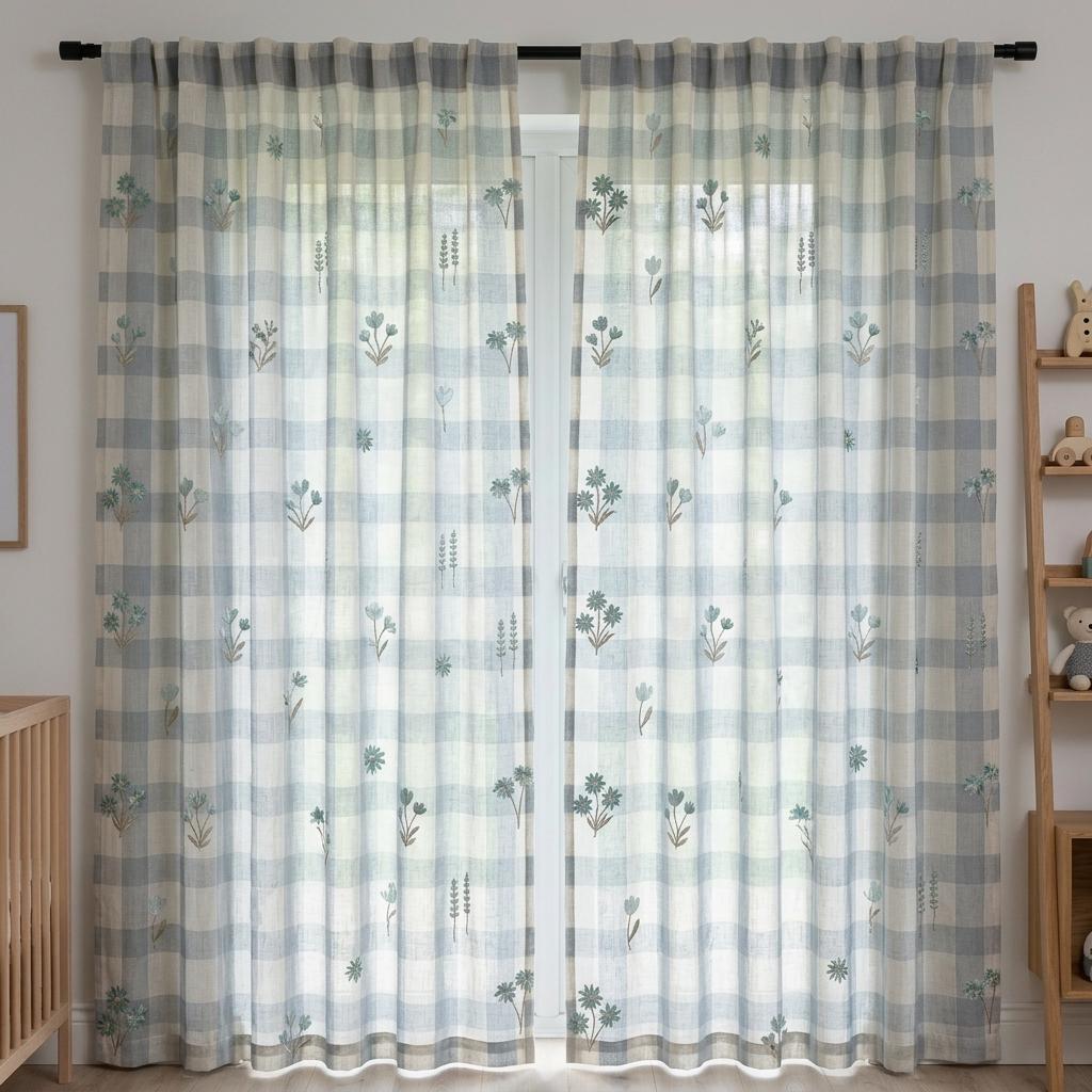 White Blue Gray Plaid Pure Linen Sheer Curtains, Teal Embroidered Wildflower Drapes, Custom Light Filtering Panels — image 10