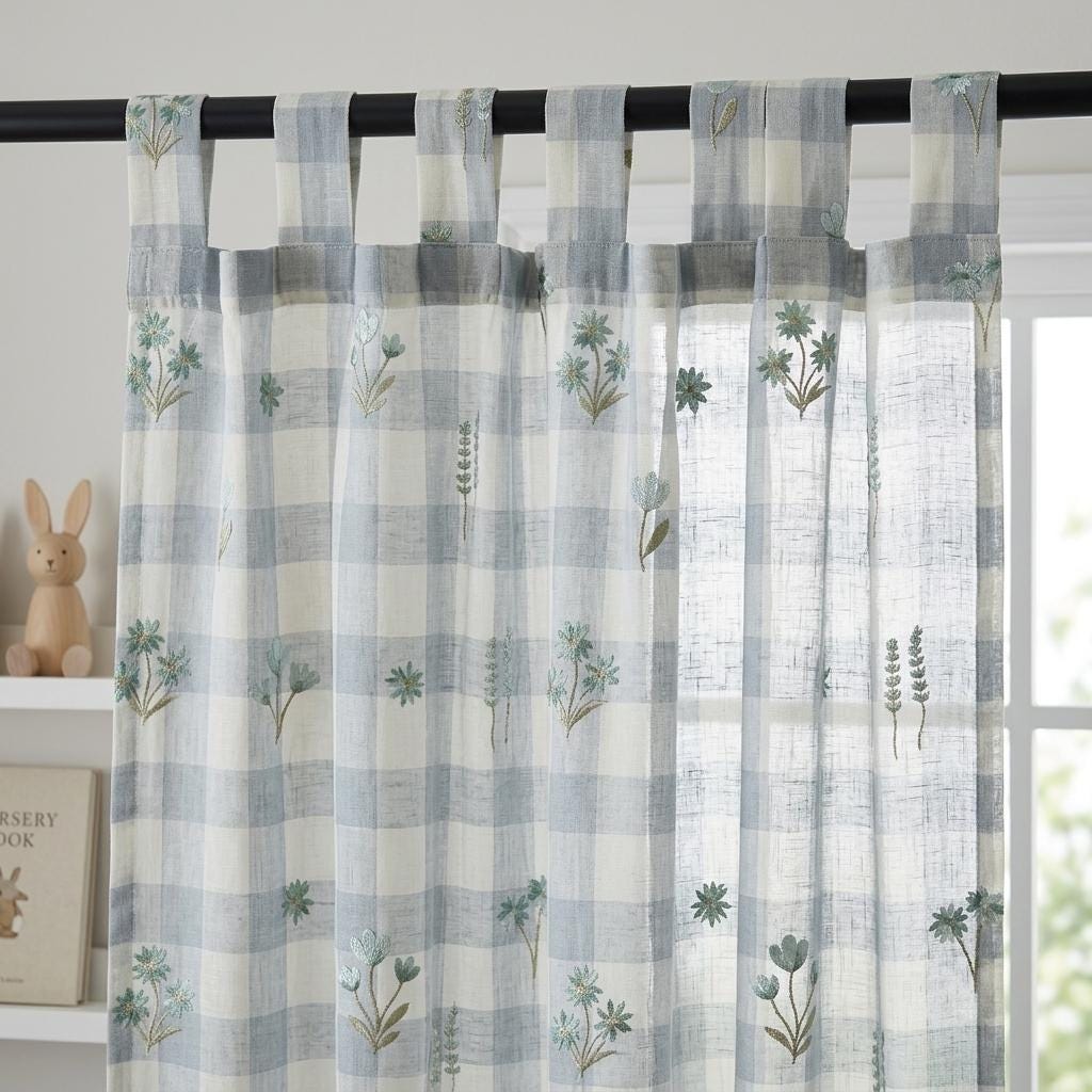 White Blue Gray Plaid Pure Linen Sheer Curtains, Teal Embroidered Wildflower Drapes, Custom Light Filtering Panels — image 7