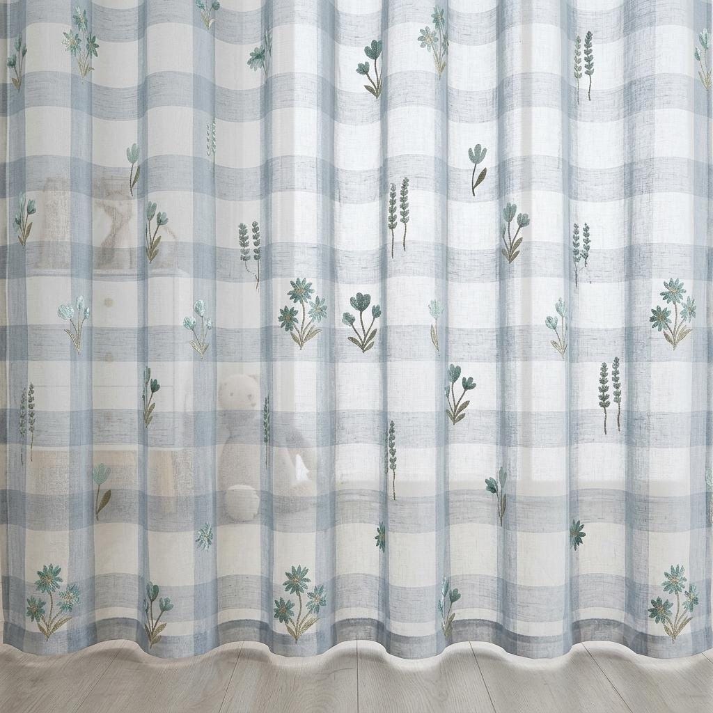 White Blue Gray Plaid Pure Linen Sheer Curtains, Teal Embroidered Wildflower Drapes, Custom Light Filtering Panels — image 4