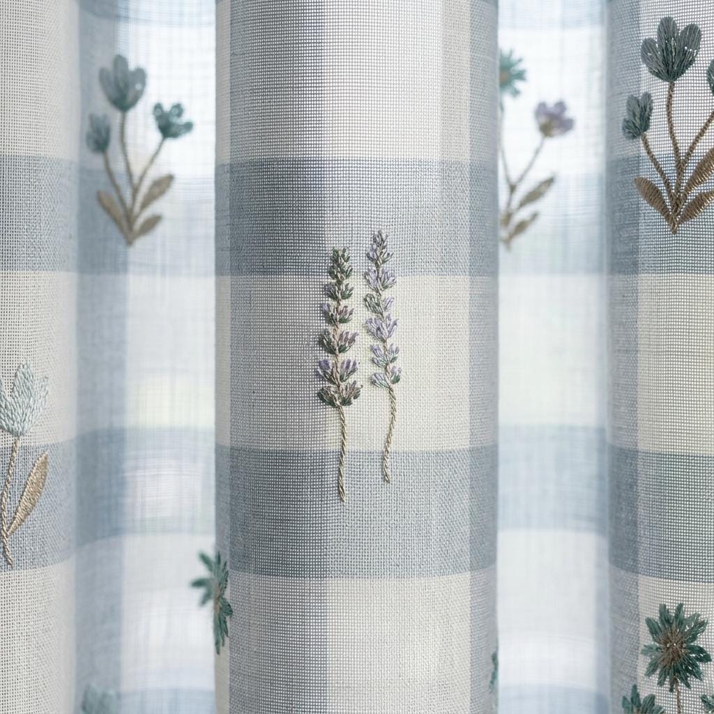 White Blue Gray Plaid Pure Linen Sheer Curtains, Teal Embroidered Wildflower Drapes, Custom Light Filtering Panels — image 9