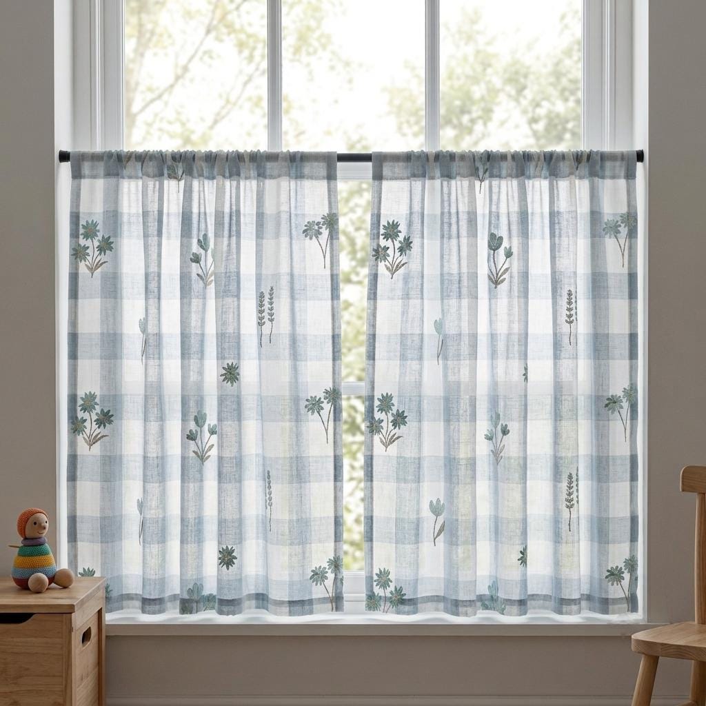 White Blue Gray Plaid Pure Linen Sheer Curtains, Teal Embroidered Wildflower Drapes, Custom Light Filtering Panels — image 8