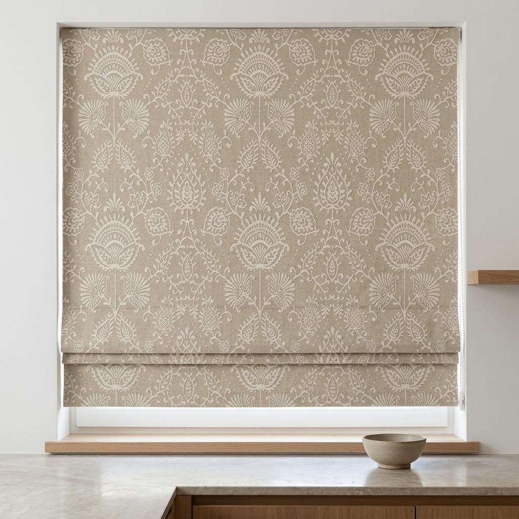 Natural Beige Linen Roman Shade, Ivory Jacobean Floral Embroidered Blind, Custom Corded Blackout Window Shade — image 8
