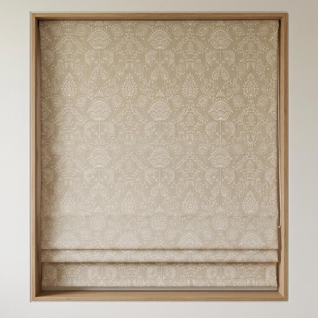 Natural Beige Linen Roman Shade, Ivory Jacobean Floral Embroidered Blind, Custom Corded Blackout Window Shade — image 7