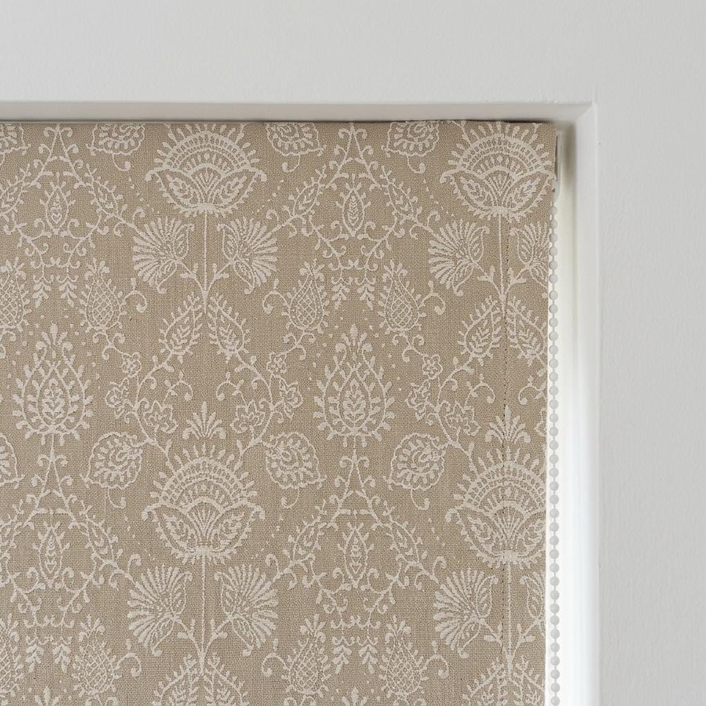 Natural Beige Linen Roman Shade, Ivory Jacobean Floral Embroidered Blind, Custom Corded Blackout Window Shade — image 3
