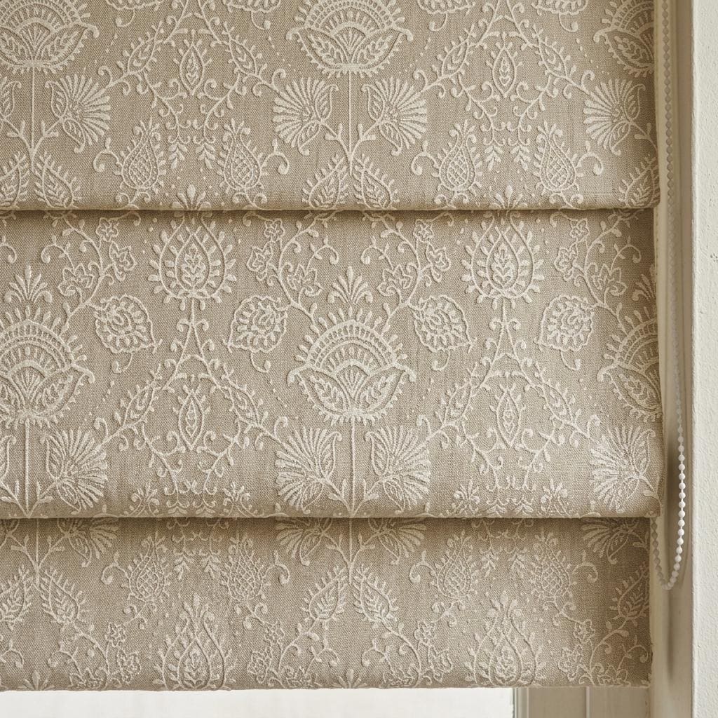 Natural Beige Linen Roman Shade, Ivory Jacobean Floral Embroidered Blind, Custom Corded Blackout Window Shade — image 4
