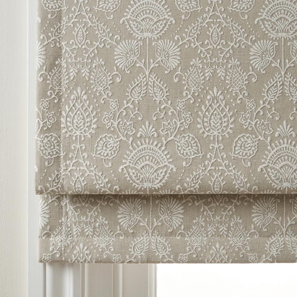 Natural Beige Linen Roman Shade, Ivory Jacobean Floral Embroidered Blind, Custom Corded Blackout Window Shade — image 10
