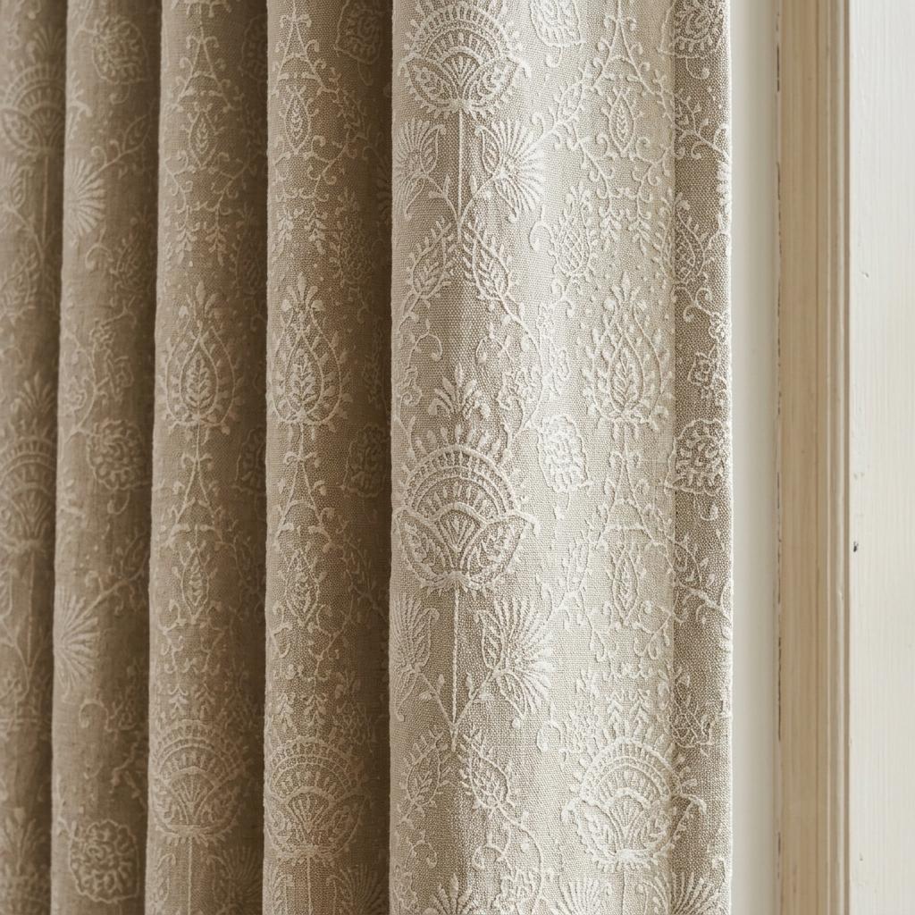 Beige Linen Curtains, Ivory Jacobean Floral Embroidery, Custom Sizes, Optional Blackout Lining — image 1