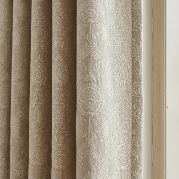 Beige Linen Curtains, Ivory Jacobean Floral Embroidery, Custom Sizes, Optional Blackout Lining — image 1