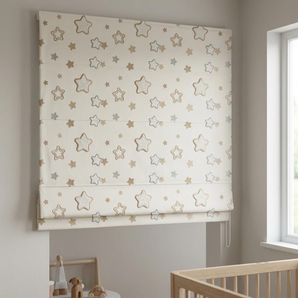 Ivory Embroidered Star Linen Roman Shade, Champagne Beige & Blue Gray Stars, Custom Corded Nursery Blind, Blackout Option — image 9