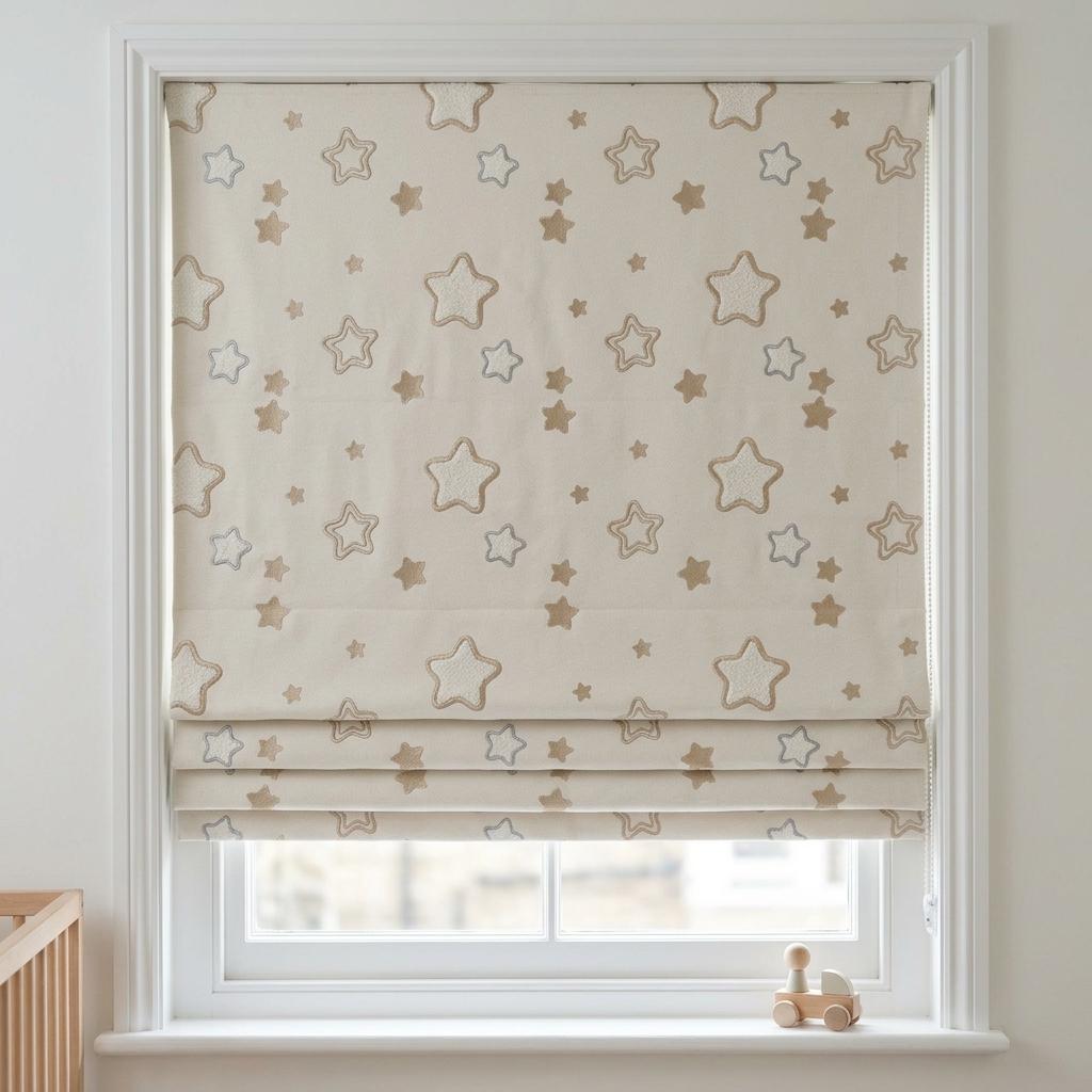 Ivory Embroidered Star Linen Roman Shade, Champagne Beige & Blue Gray Stars, Custom Corded Nursery Blind, Blackout Option — image 10