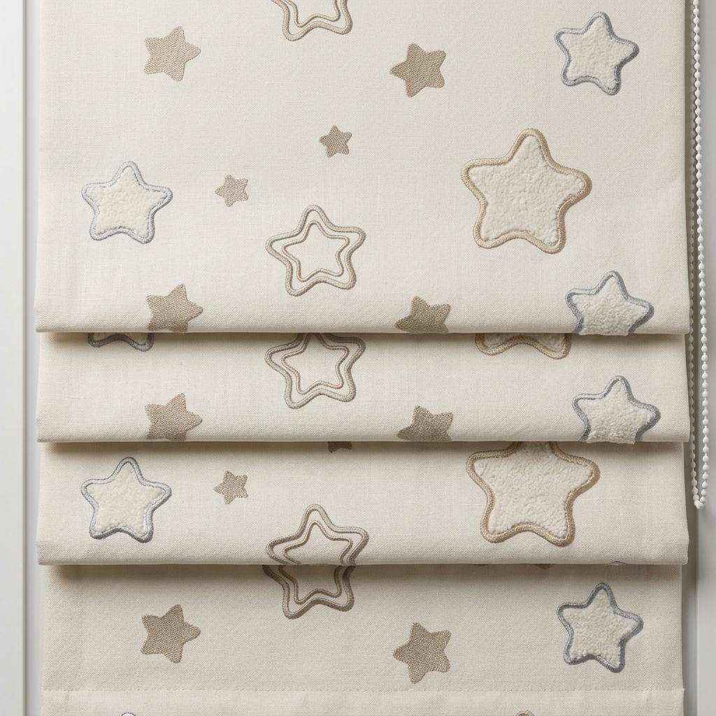 Ivory Embroidered Star Linen Roman Shade, Champagne Beige & Blue Gray Stars, Custom Corded Nursery Blind, Blackout Option — image 5