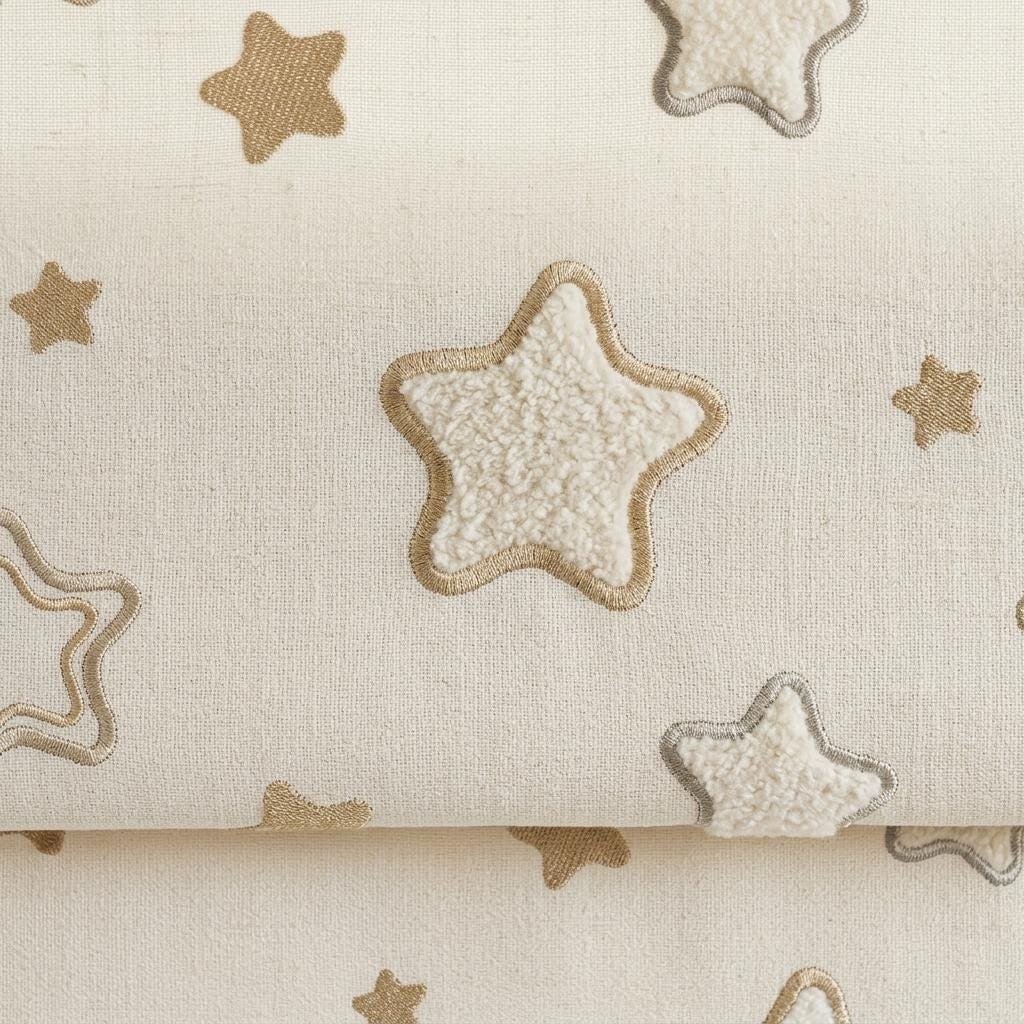 Ivory Embroidered Star Linen Roman Shade, Champagne Beige & Blue Gray Stars, Custom Corded Nursery Blind, Blackout Option — image 7