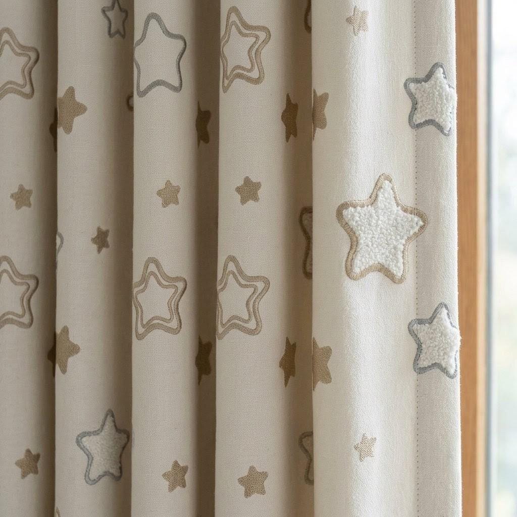 Ivory Linen Curtains with Beige & Blue Grey Star Embroidery, Kids Nursery Drapes, Custom Size, Optional Blackout Lining — image 1