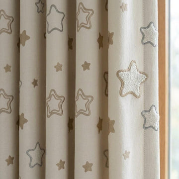 Ivory Linen Curtains with Beige & Blue Grey Star Embroidery, Kids Nursery Drapes, Custom Size, Optional Blackout Lining — image 1