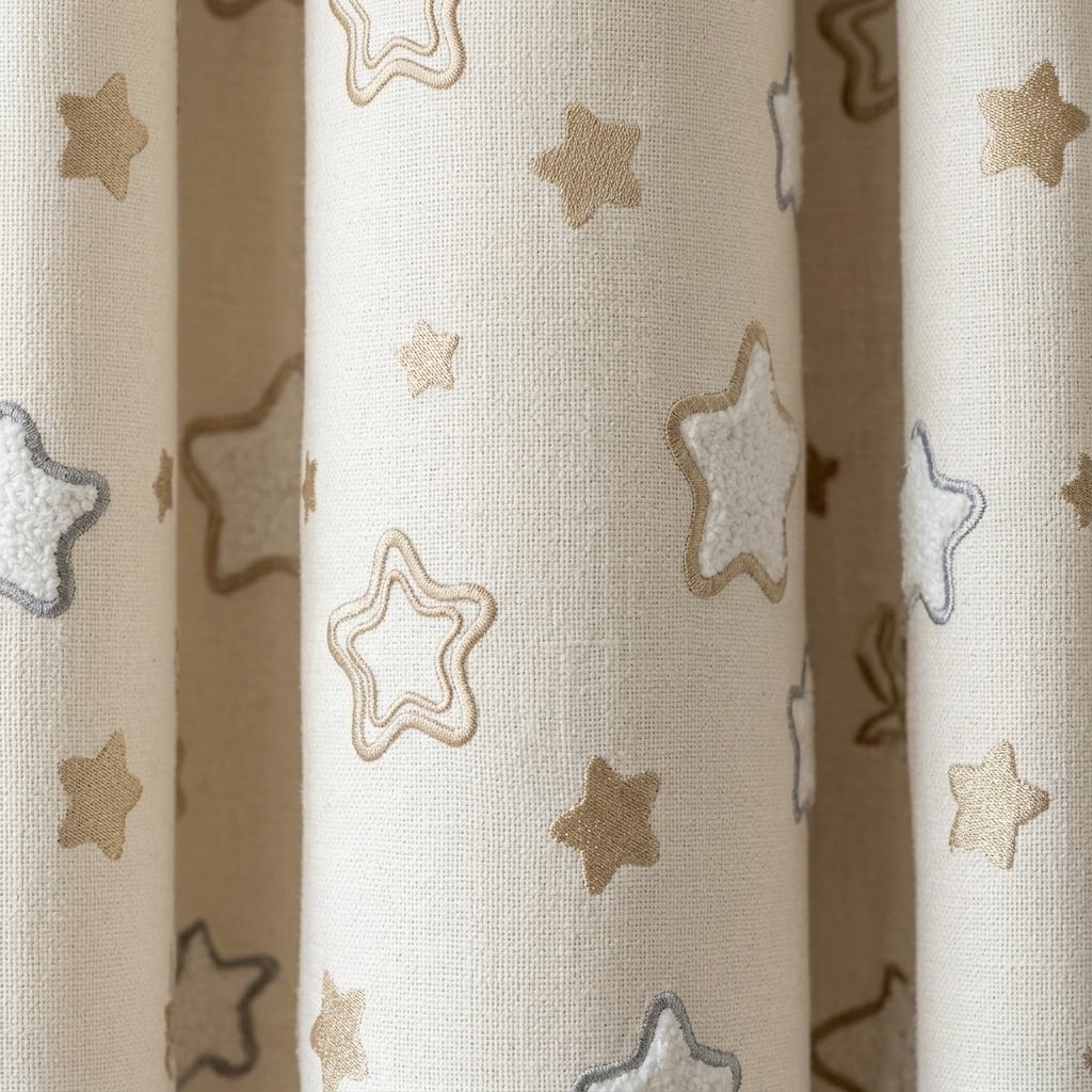 Ivory Linen Curtains with Beige & Blue Grey Star Embroidery, Kids Nursery Drapes, Custom Size, Optional Blackout Lining — image 6