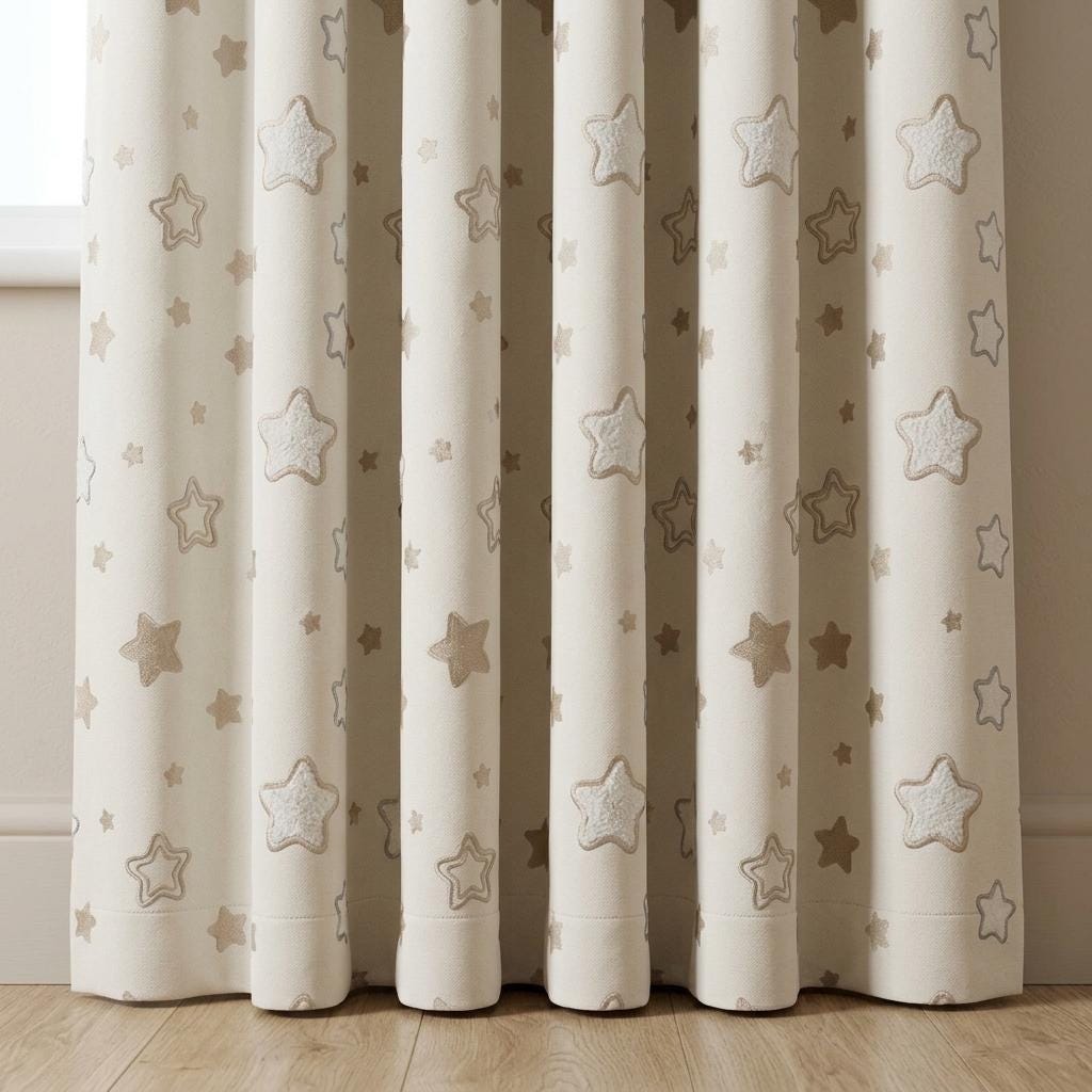 Ivory Linen Curtains with Beige & Blue Grey Star Embroidery, Kids Nursery Drapes, Custom Size, Optional Blackout Lining — image 4