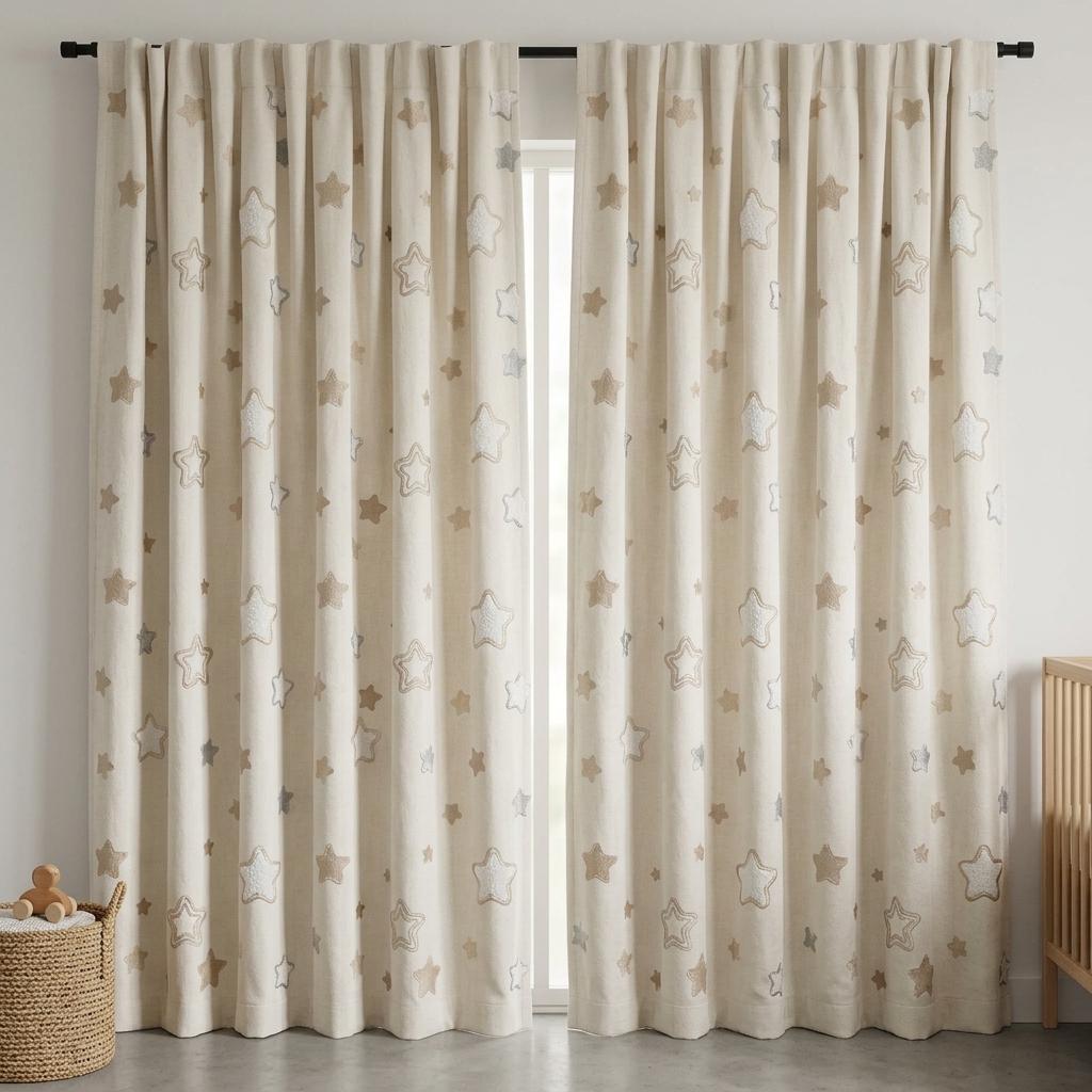 Ivory Linen Curtains with Beige & Blue Grey Star Embroidery, Kids Nursery Drapes, Custom Size, Optional Blackout Lining — image 5