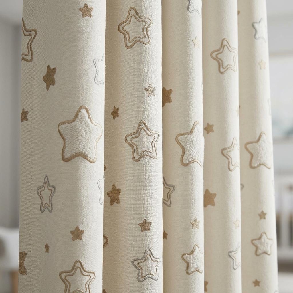 Ivory Linen Curtains with Beige & Blue Grey Star Embroidery, Kids Nursery Drapes, Custom Size, Optional Blackout Lining — image 9