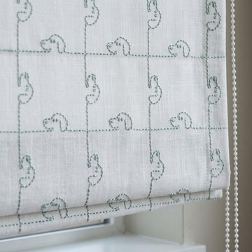 Embroidered Linen Roman Shade, Ivory Mint Blue-Green Puppy Dog Nursery Blind, Custom Kids Blackout Window Shade — image 1