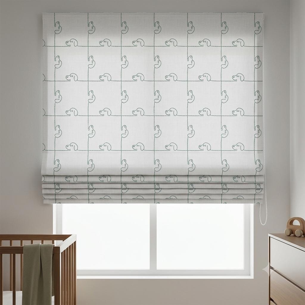 Embroidered Linen Roman Shade, Ivory Mint Blue-Green Puppy Dog Nursery Blind, Custom Kids Blackout Window Shade — image 9