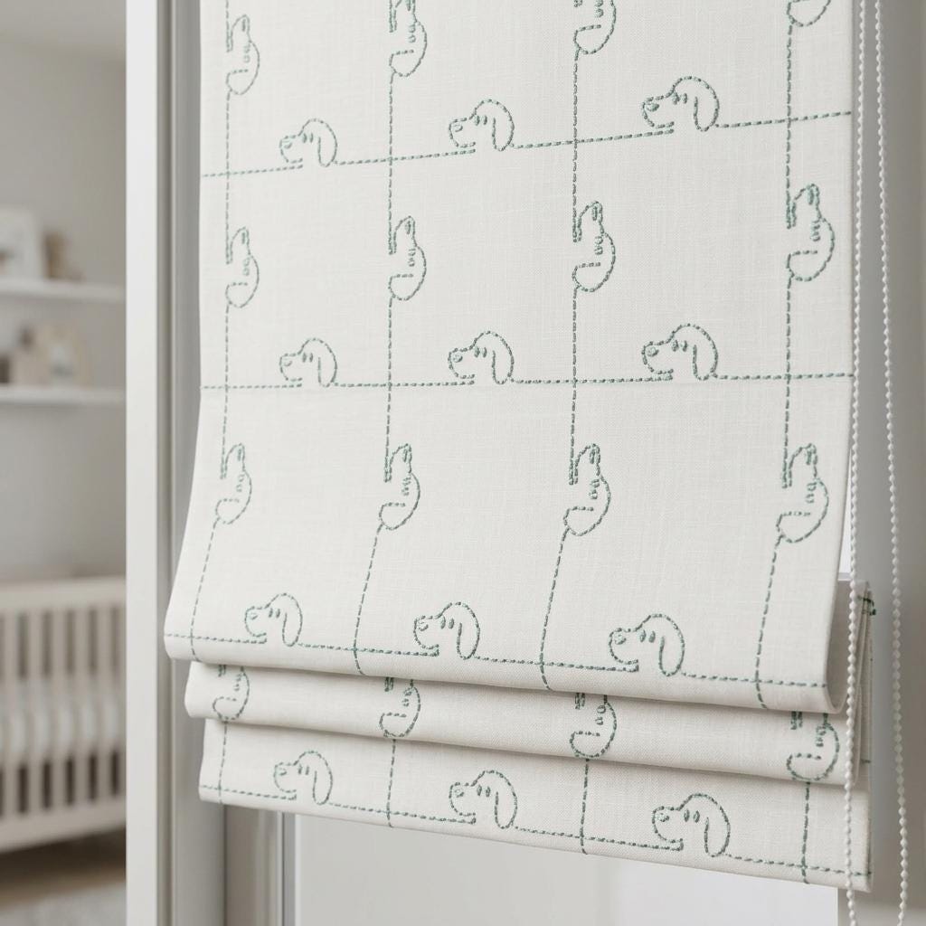 Embroidered Linen Roman Shade, Ivory Mint Blue-Green Puppy Dog Nursery Blind, Custom Kids Blackout Window Shade — image 5