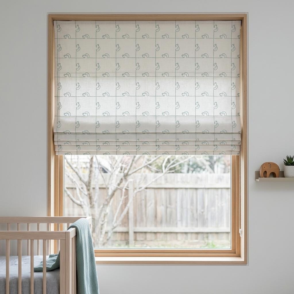Embroidered Linen Roman Shade, Ivory Mint Blue-Green Puppy Dog Nursery Blind, Custom Kids Blackout Window Shade — image 10