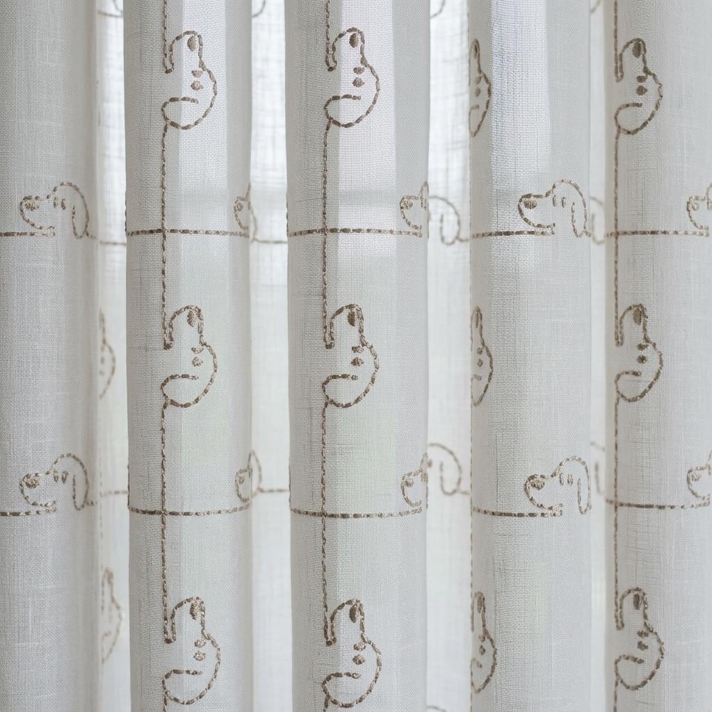 Soft White Pure Linen Sheer Curtains, Light Taupe Embroidered Dog Drapes, Custom Nursery Window Panels — image 1