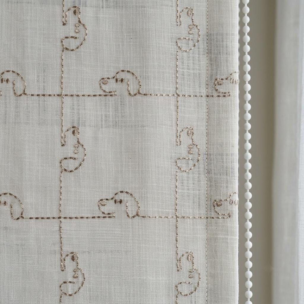 Soft White Linen Roman Shade, Light Taupe Puppy Embroidery, Custom Nursery Blackout Window Blind — image 3