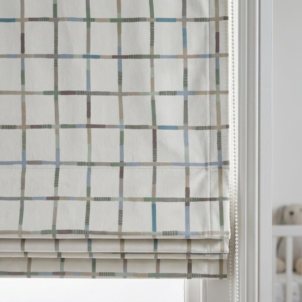 Soft White Plaid Velvet Roman Shade, Pastel Mint Blue Taupe Checkered Nursery Blind, Custom Kids Blackout Window Shade — image 4