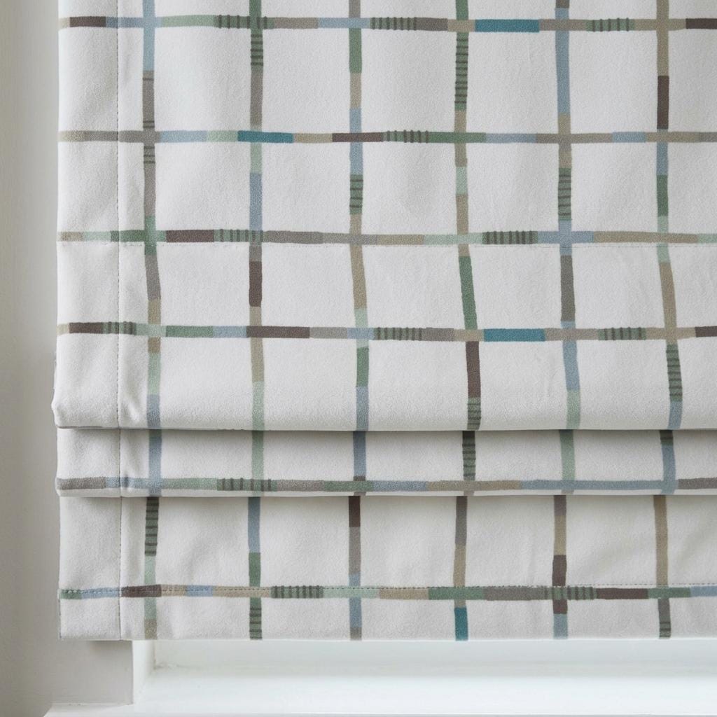 Soft White Plaid Velvet Roman Shade, Pastel Mint Blue Taupe Checkered Nursery Blind, Custom Kids Blackout Window Shade — image 1