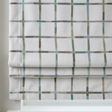 Soft White Plaid Velvet Roman Shade, Pastel Mint Blue Taupe Checkered Nursery Blind, Custom Kids Blackout Window Shade — image 1