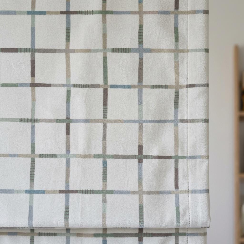 Soft White Plaid Velvet Roman Shade, Pastel Mint Blue Taupe Checkered Nursery Blind, Custom Kids Blackout Window Shade — image 6
