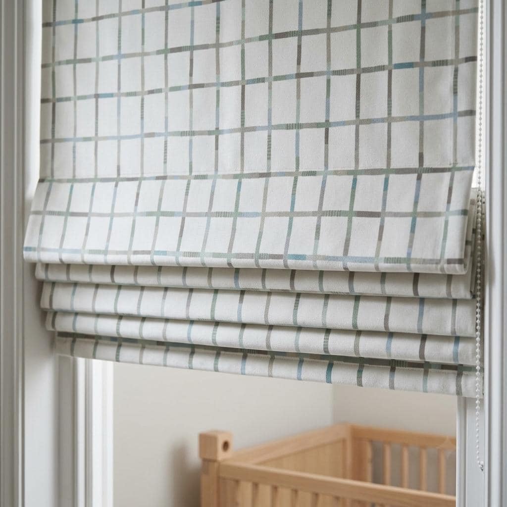 Soft White Plaid Velvet Roman Shade, Pastel Mint Blue Taupe Checkered Nursery Blind, Custom Kids Blackout Window Shade — image 1