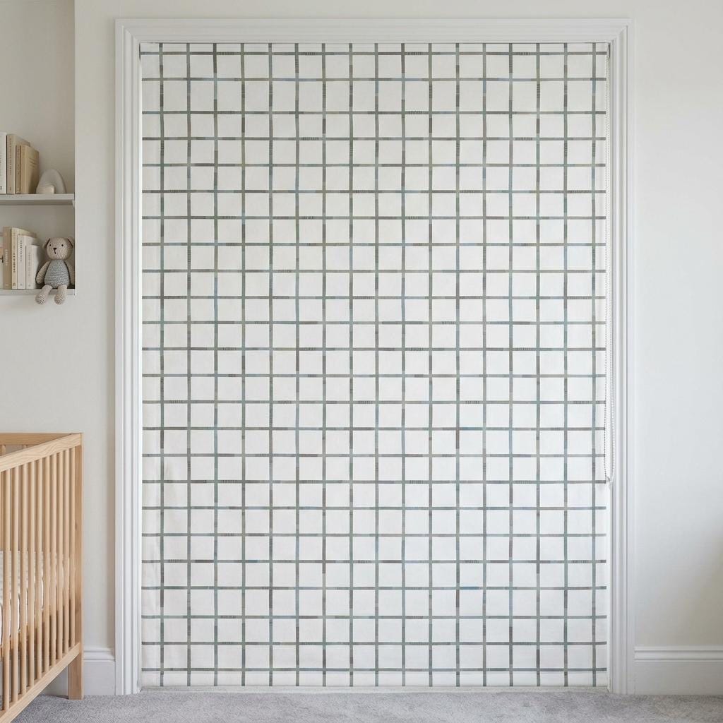 Soft White Plaid Velvet Roman Shade, Pastel Mint Blue Taupe Checkered Nursery Blind, Custom Kids Blackout Window Shade — image 8